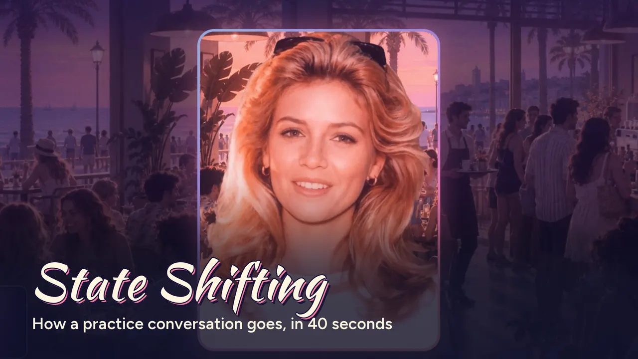The film's poster: Ingrid, an AI-generated woman, mid-sentence in a café, under the name State Shifting.